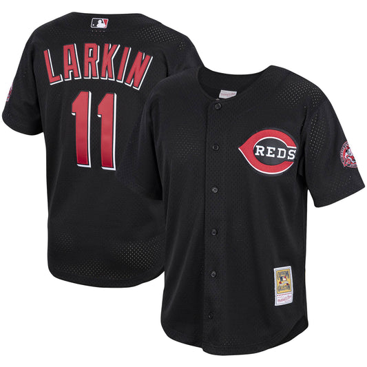 Barry Larkin Cincinnati Reds Mitchell & Ness Cooperstown Collection Mesh Batting Practice Button-Up Jersey - Black