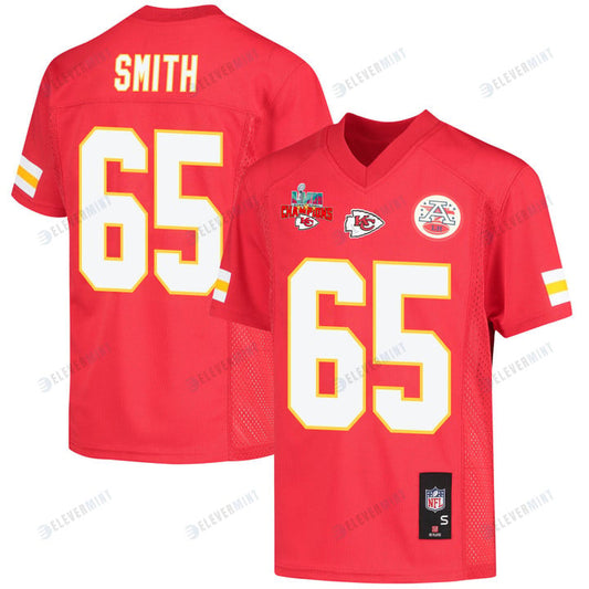 Trey Smith 65 Kansas City Chiefs Super Bowl LVII Champions 3 Stars Youth Game Jersey - Red